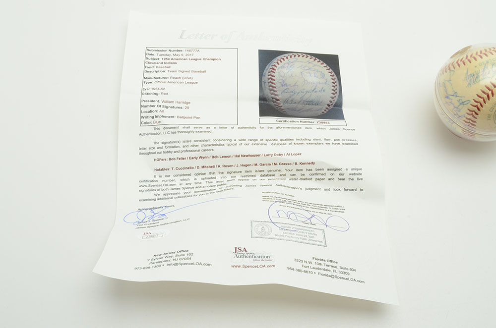 1954 Cleveland Indians Signed Baseball  COA