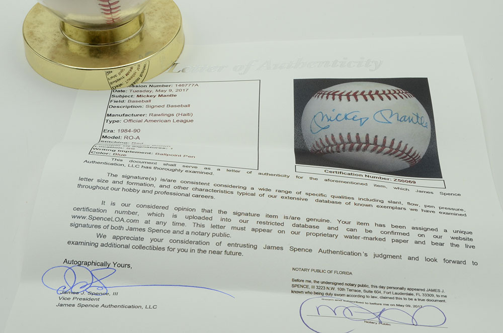 Mickey Mantle Signed Baseball COA