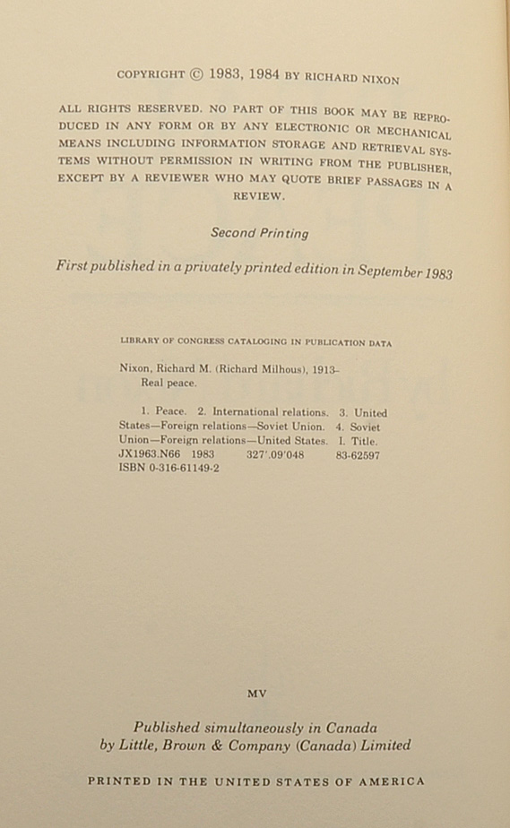 Richard Nixon Signed Book "Real Peace"