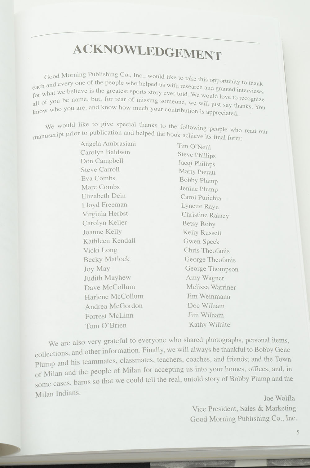 Bobby Plump ("Hoosiers") Signed Book