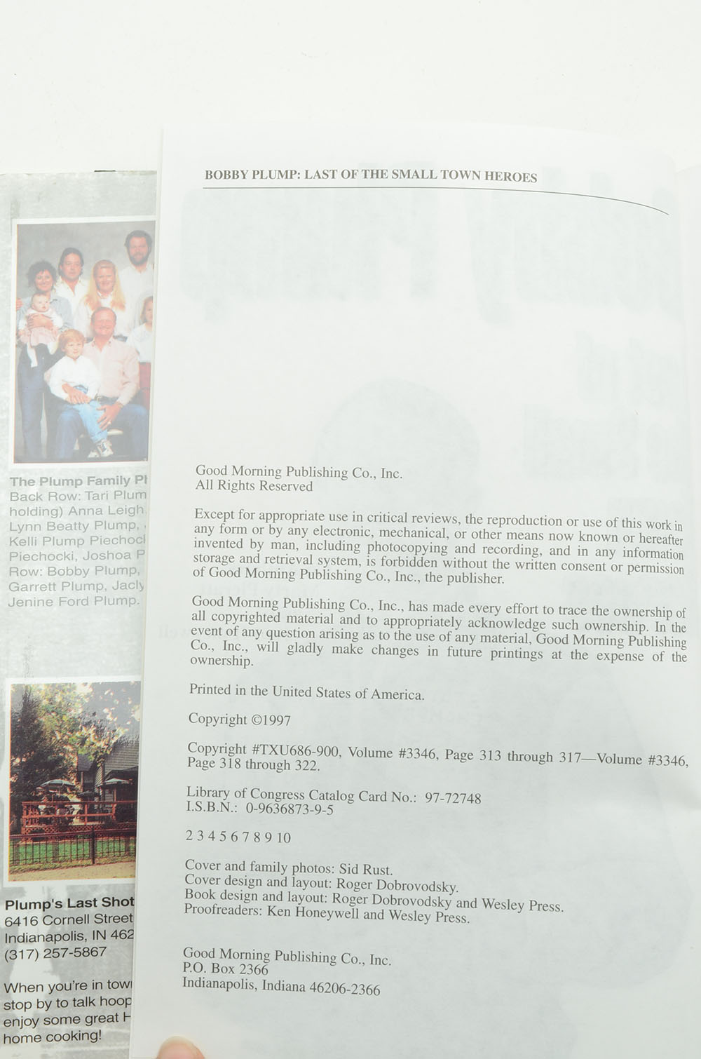 Bobby Plump ("Hoosiers") Signed Book