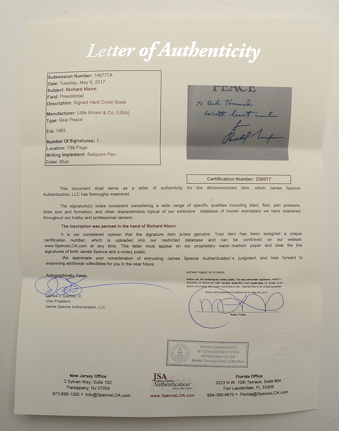 Richard Nixon Signed Book "Real Peace"