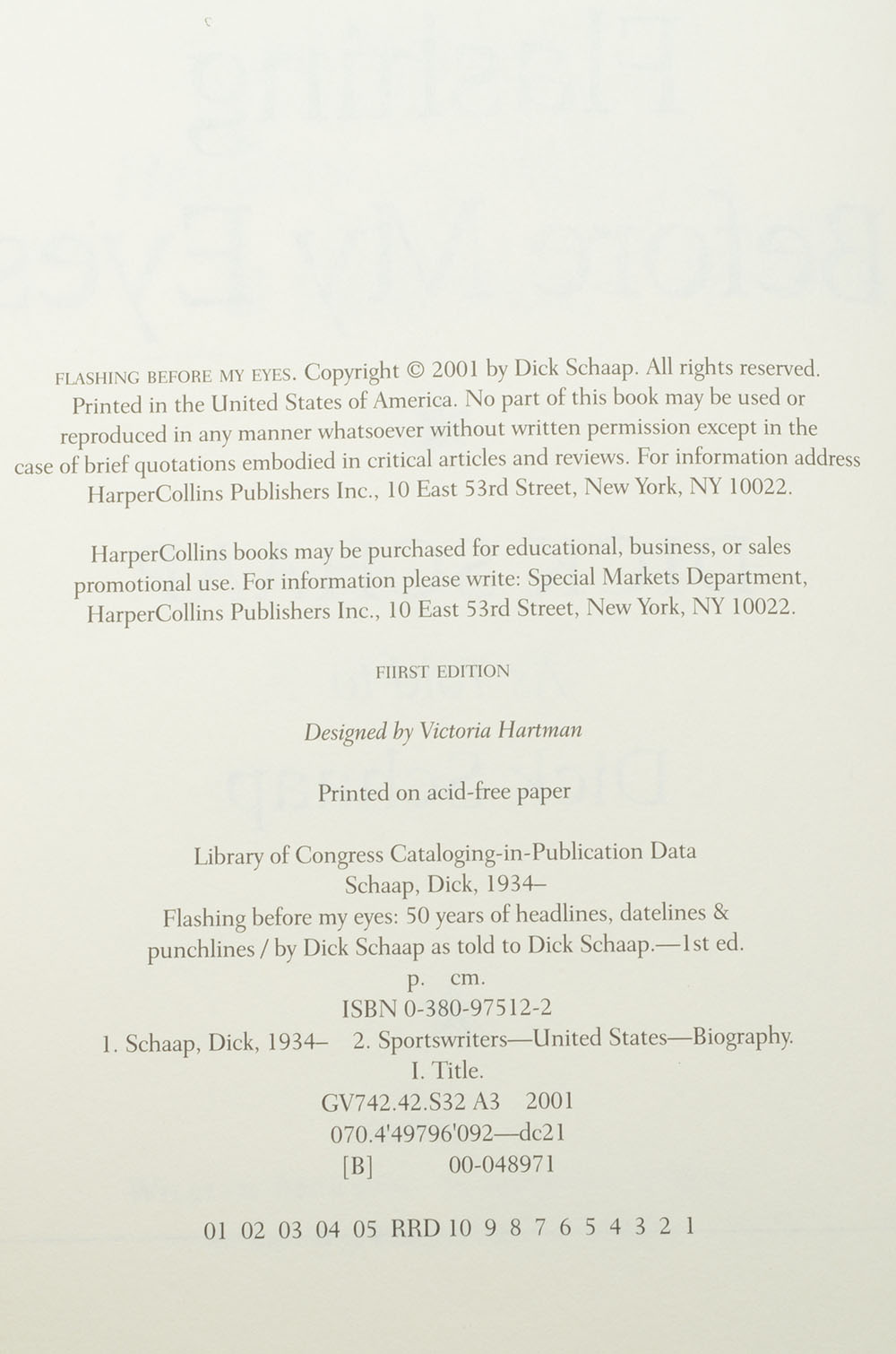 Signed First Edition Dick Schaap "Flashing Before My Eyes"