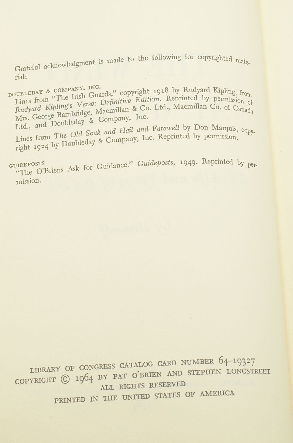 "The Wind At My Back" Pat O'Brien Signed Book