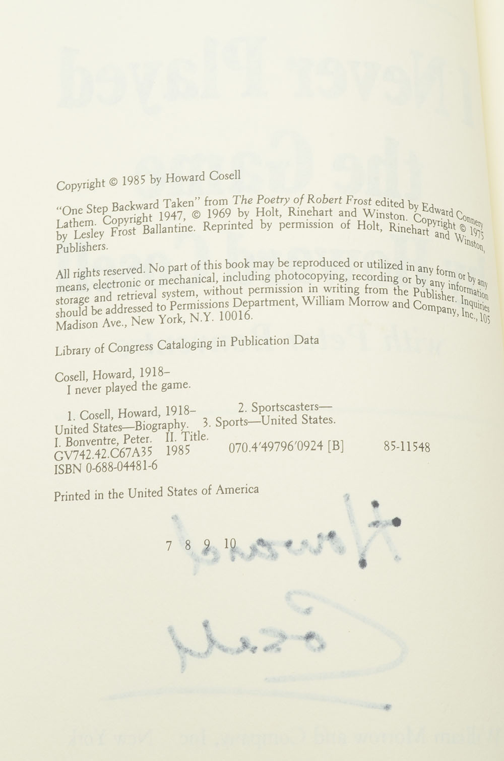 Howard Cosell Signed Book "I Never Played the Game"