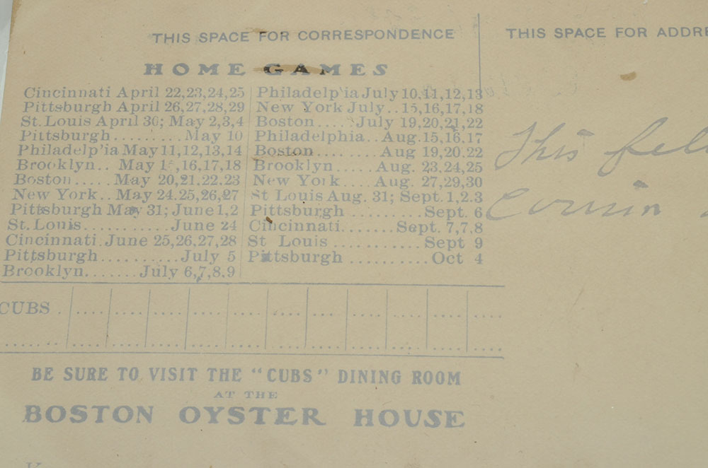 1907 Chicago Cubs Baseball Postcard With Schedule