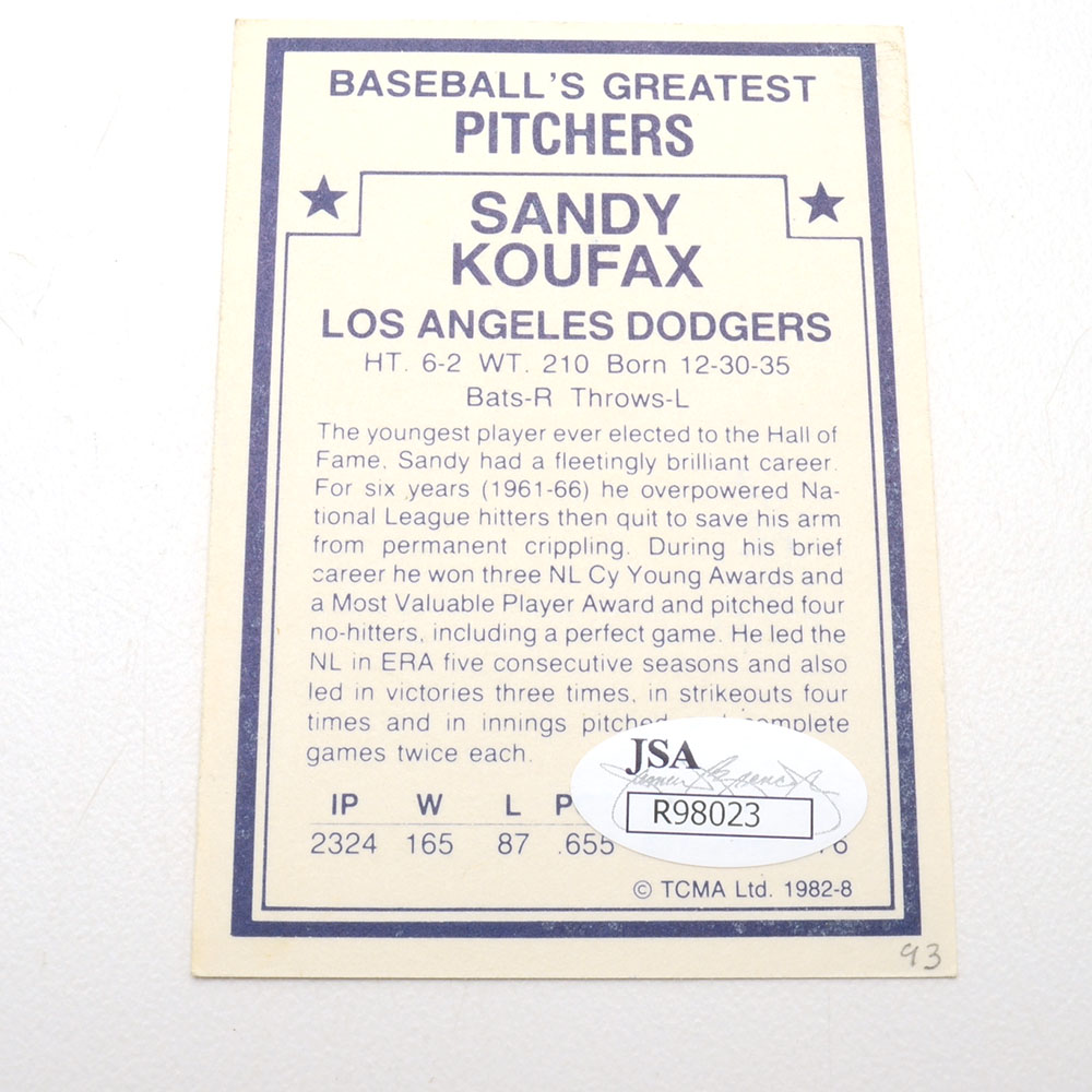 Sandy Koufax Signed Card  COA