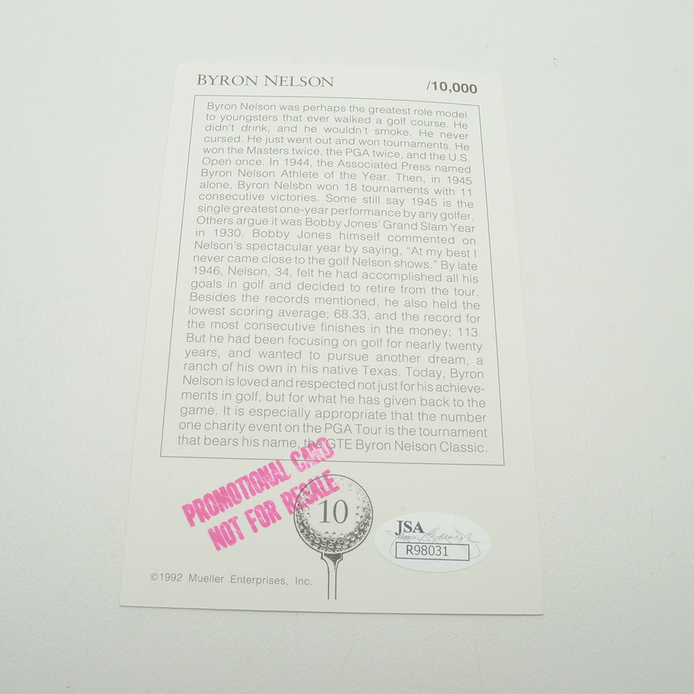 Byron Nelson Signed Card  COA