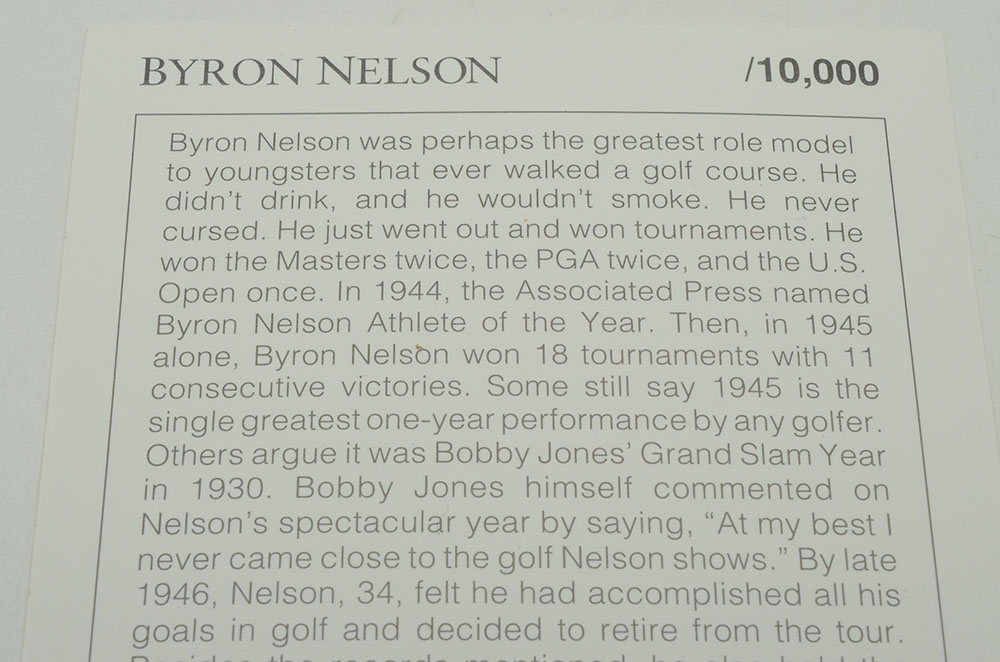 Byron Nelson Signed Card  COA