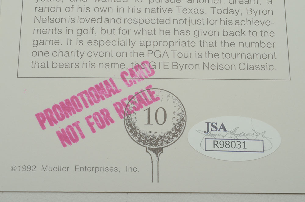 Byron Nelson Signed Card  COA