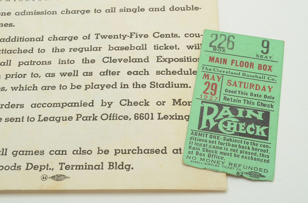 1937 Cleveland Indians Score Card and Ticket Stub