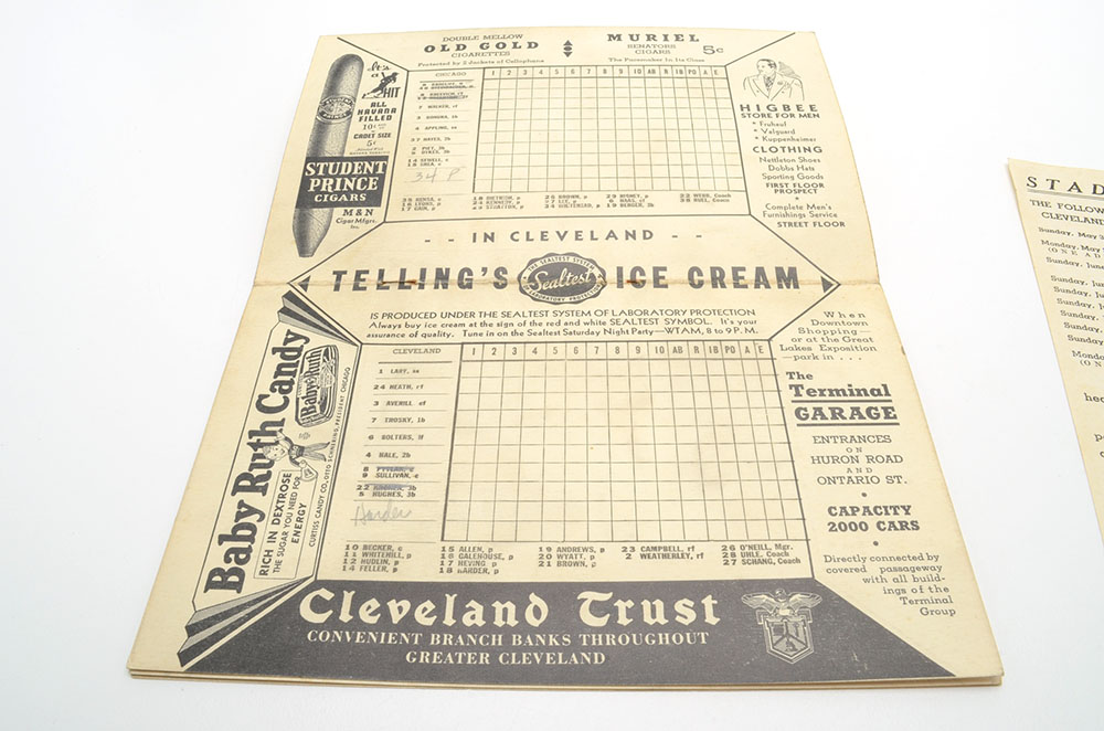 1937 Cleveland Indians Score Card and Ticket Stub