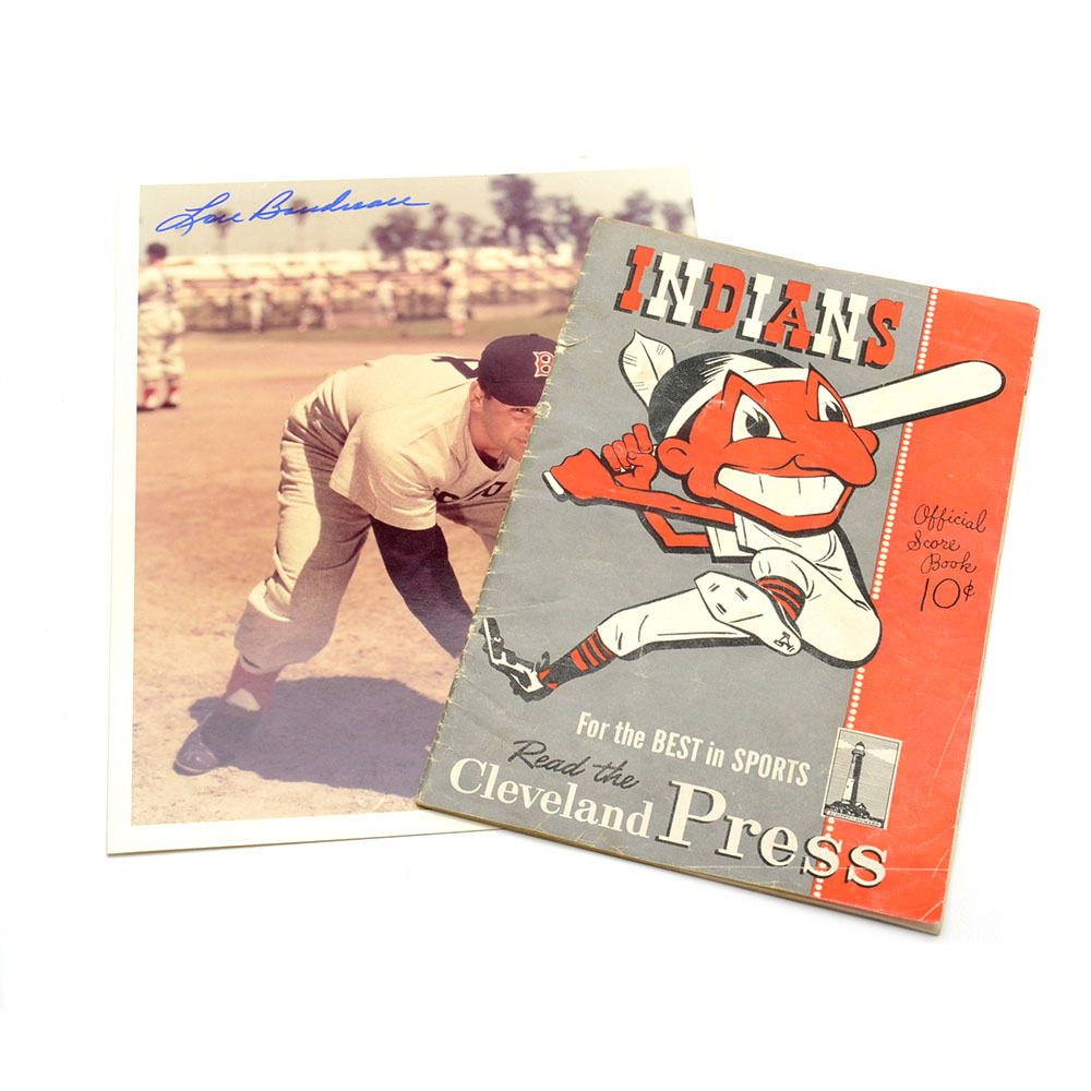 Lou Boudreau Signed Photo and 1948 Indians Scorebook