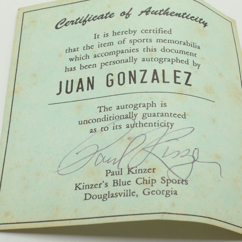 Juan Gonzalez Signed Baseball  COA