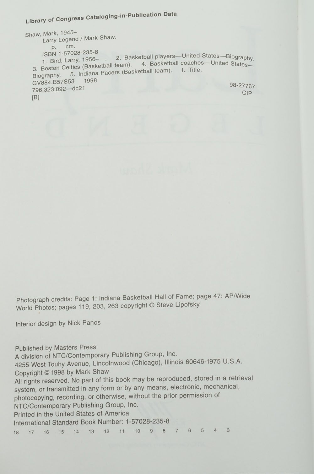 Mark Shaw Signed "Larry Legend" Book