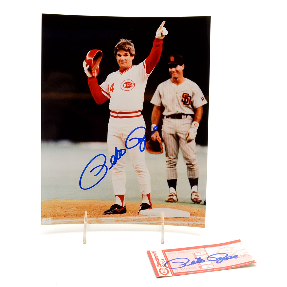 1985 Pete Rose Signed Photo and "4192" Game Ticket