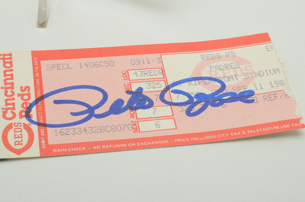 1985 Pete Rose Signed Photo and "4192" Game Ticket