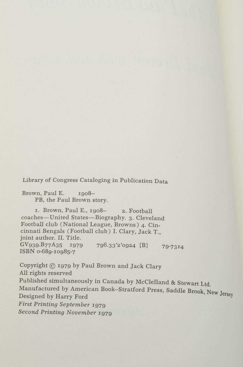 Paul Brown Signed Book "PB: The Paul Brown Story"