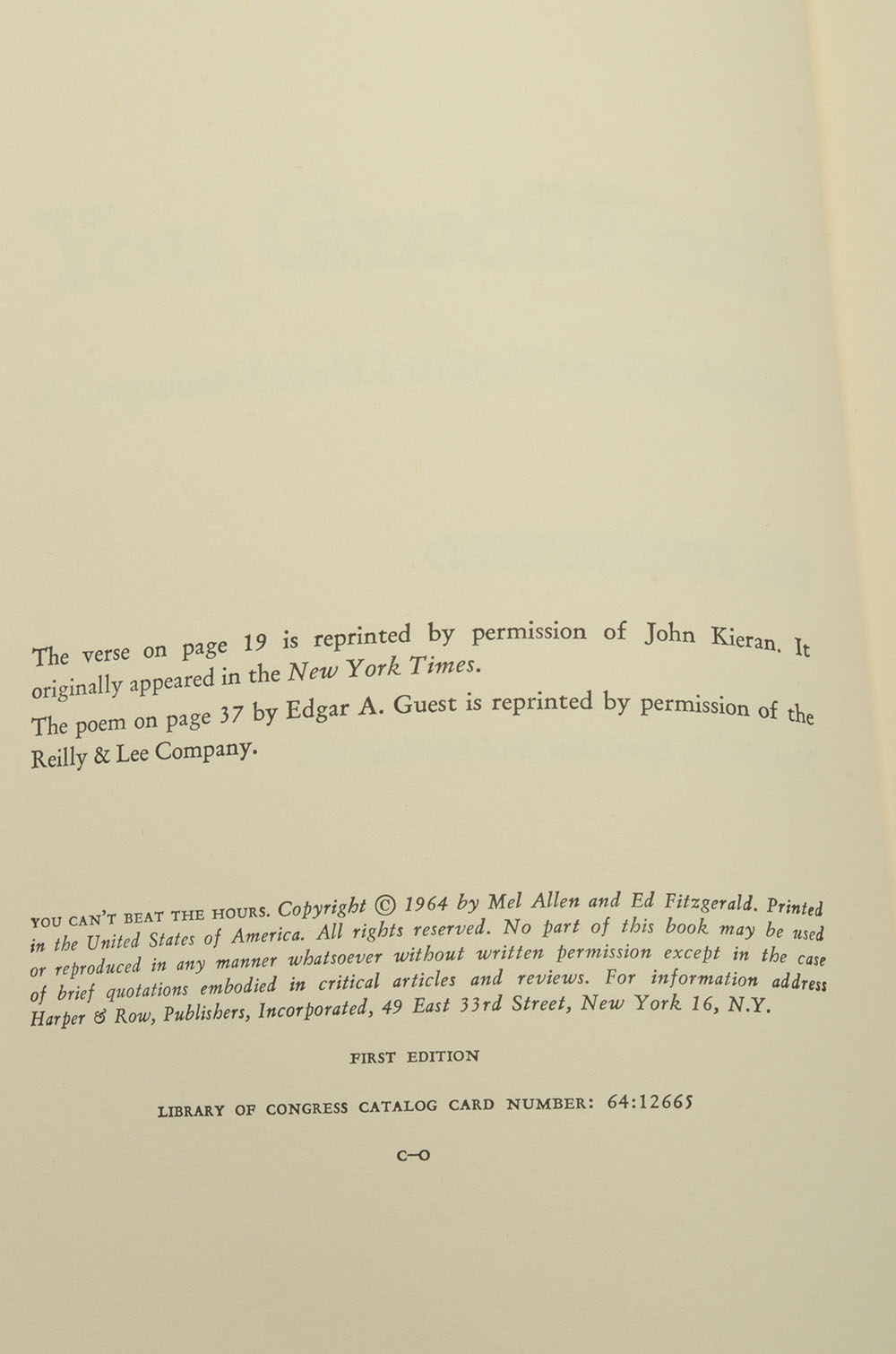 Mel Allen Signed First Edition "You Can't Beat The Hours"