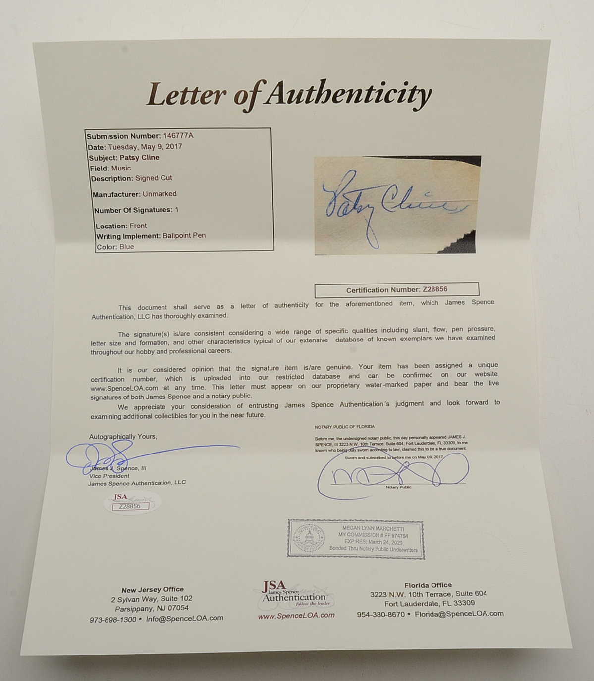 Patsy Cline Cut Signature with Photo  COA