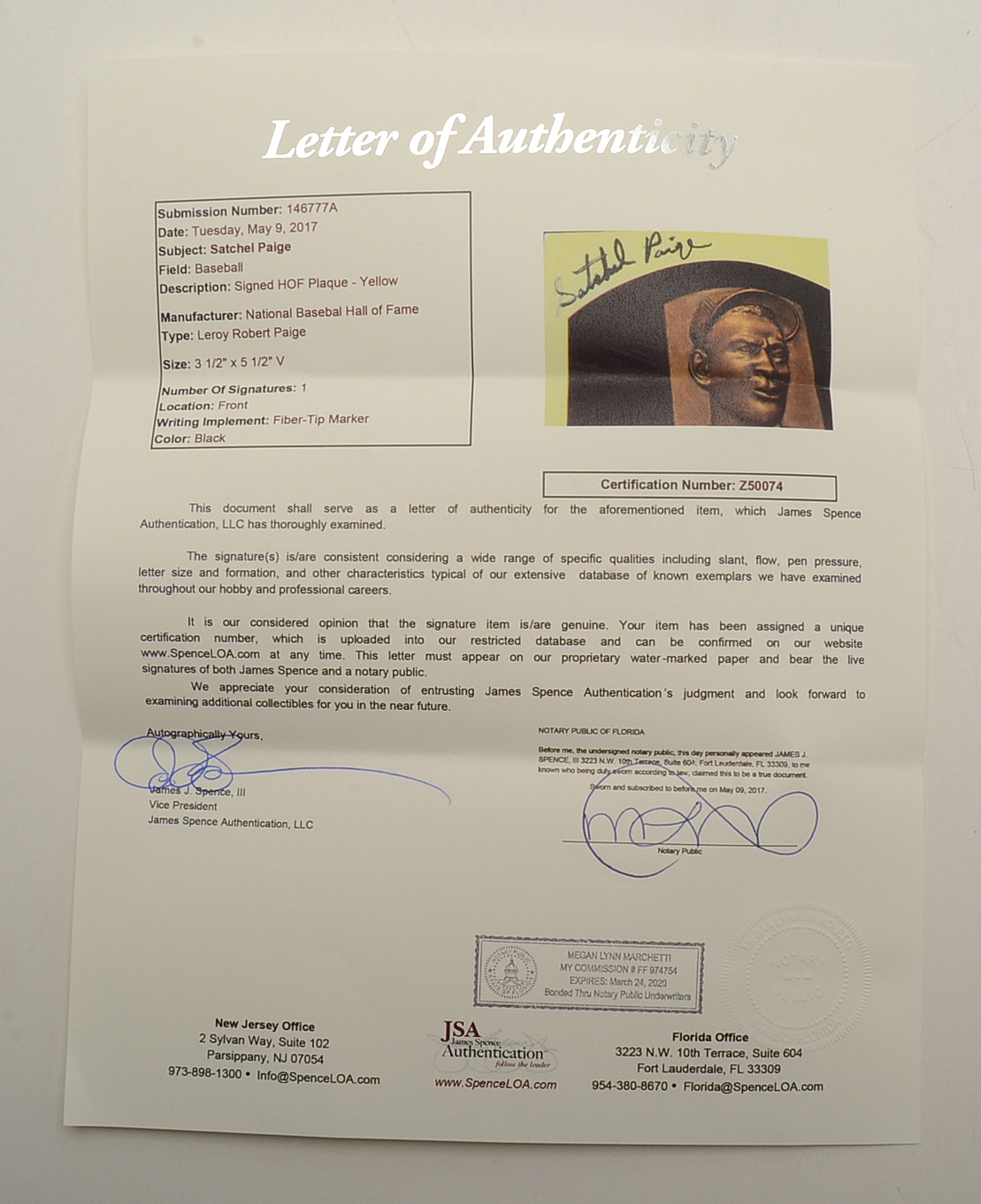 Satchel Paige Signed Hall of Fame Postcard with Photo COA