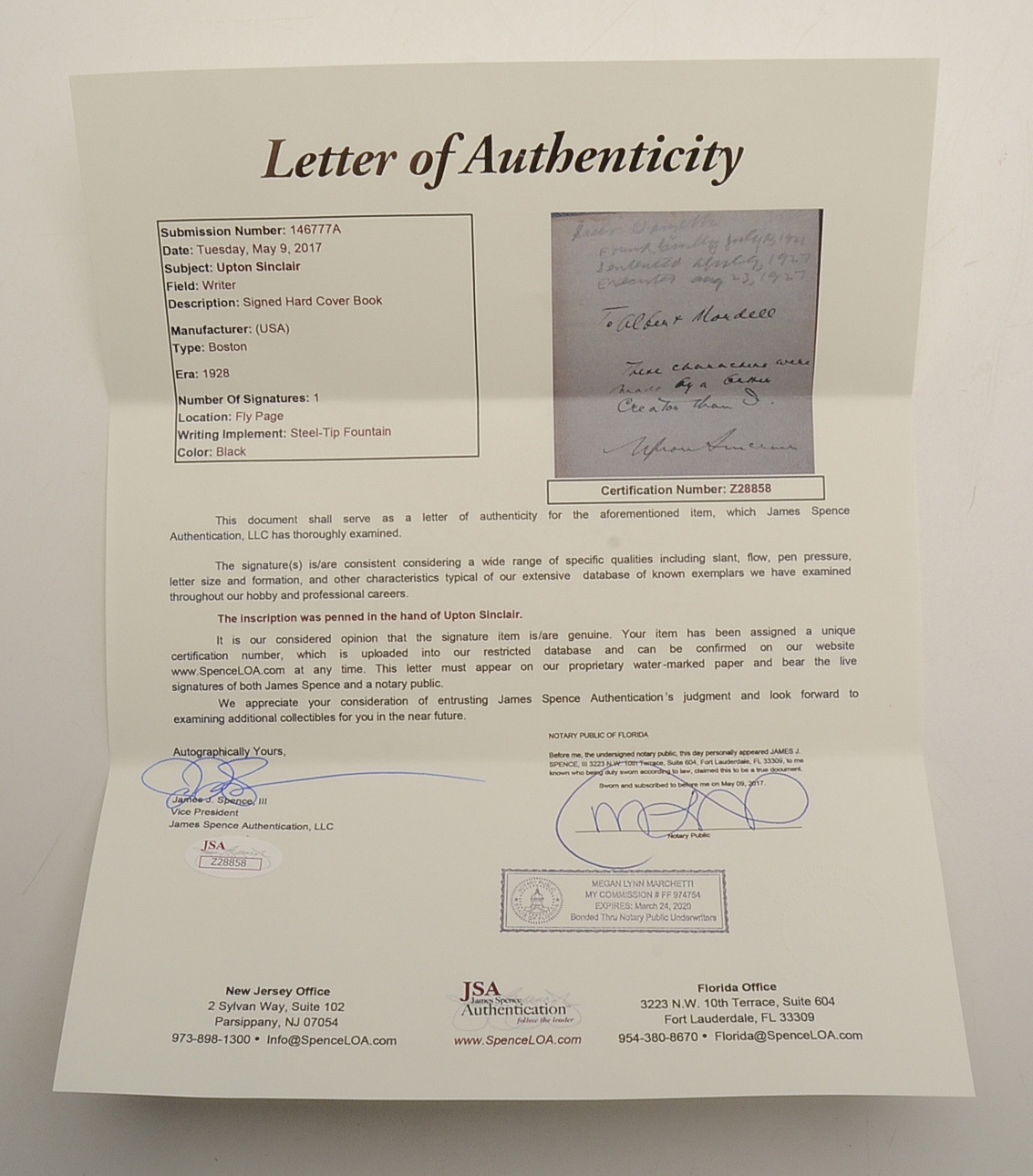 Upton Sinclair Signed Book  COA