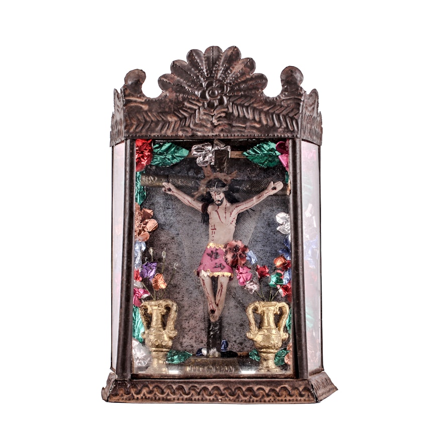 Vintage Mexican Crucifixion Scene in Hammered Shadowbox