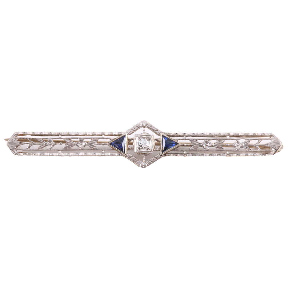 Victorian Bar Pin in Platinum with Diamond and Sapphires