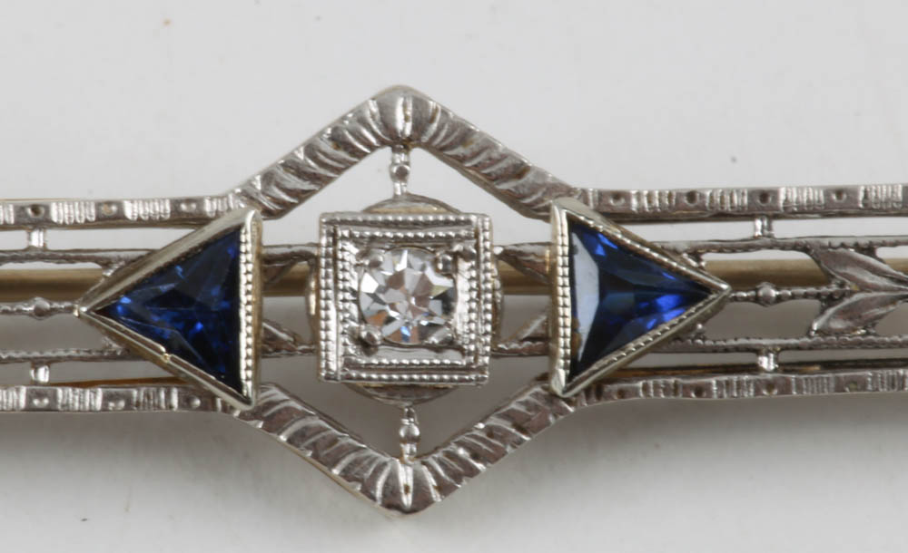 Victorian Bar Pin in Platinum with Diamond and Sapphires