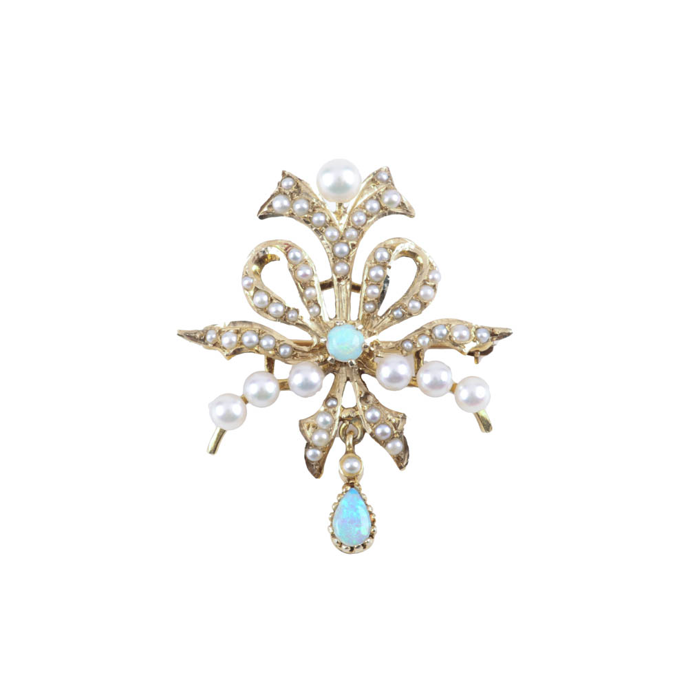 14K Yellow Gold Antique Brooch with Pearls and Opals
