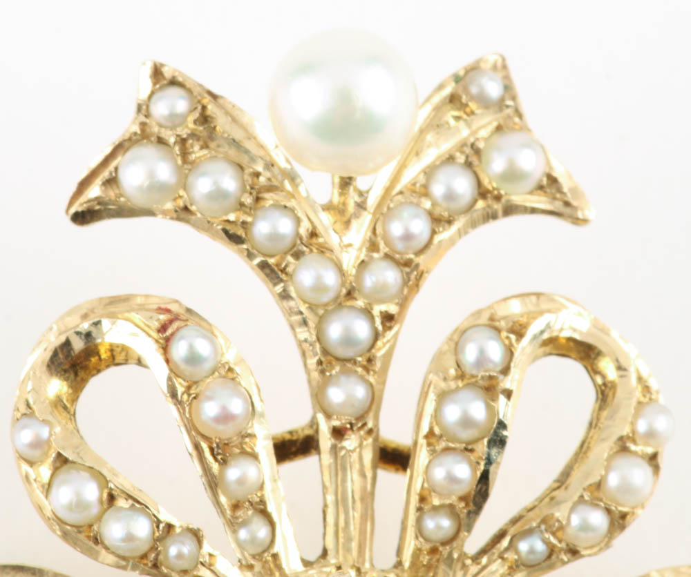 14K Yellow Gold Antique Brooch with Pearls and Opals