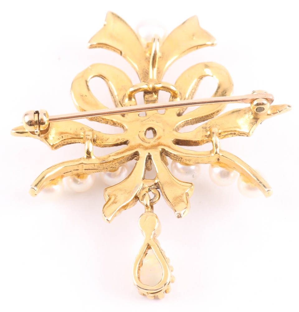 14K Yellow Gold Antique Brooch with Pearls and Opals