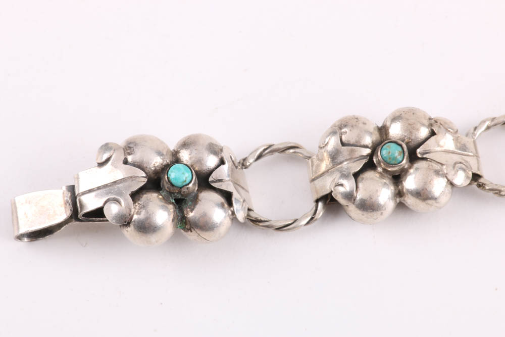 Vintage Mexican Coin Silver Bracelet with Turquoise Cabochons