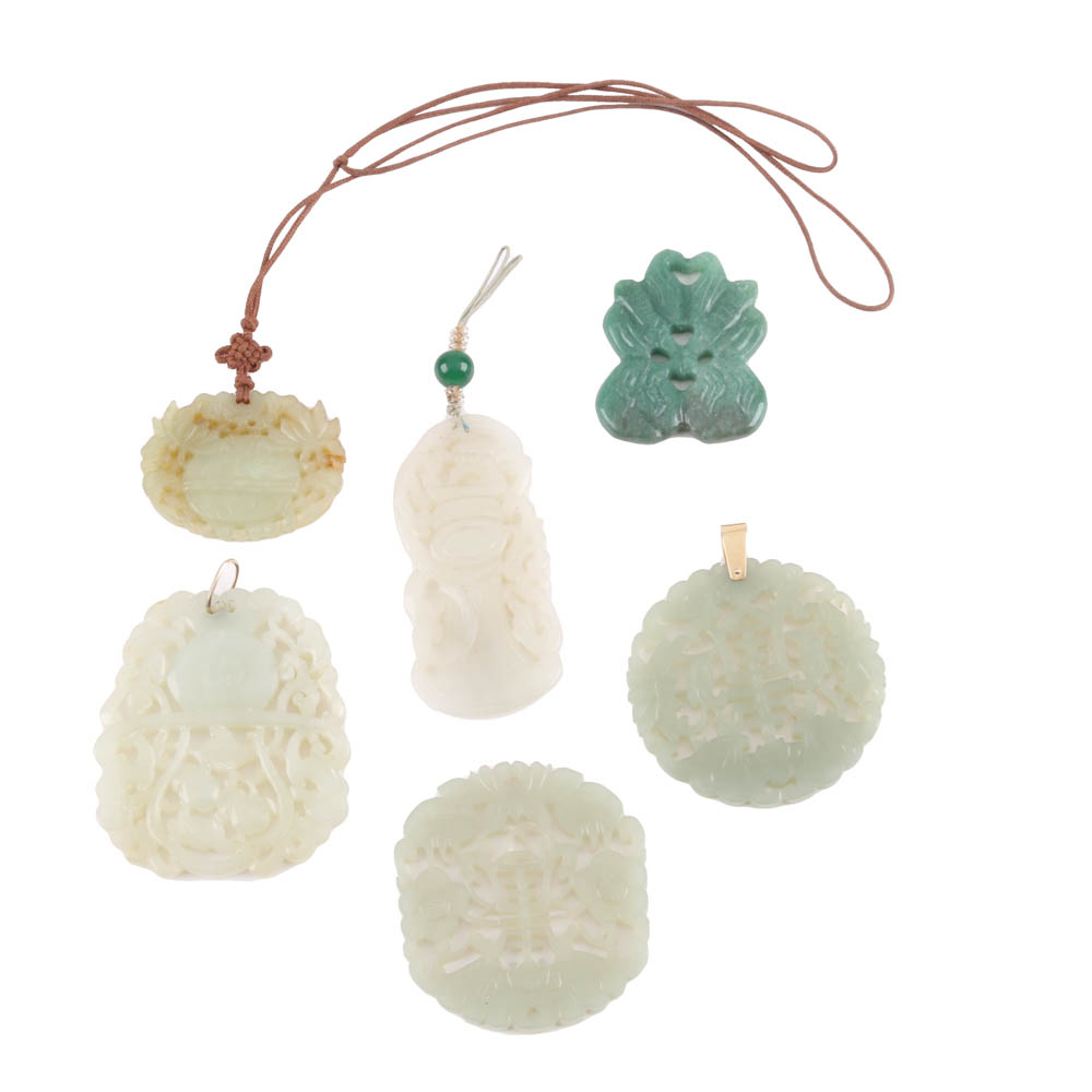 Six Carved Chinese Bowenite and Aventurine Quartz Pendants