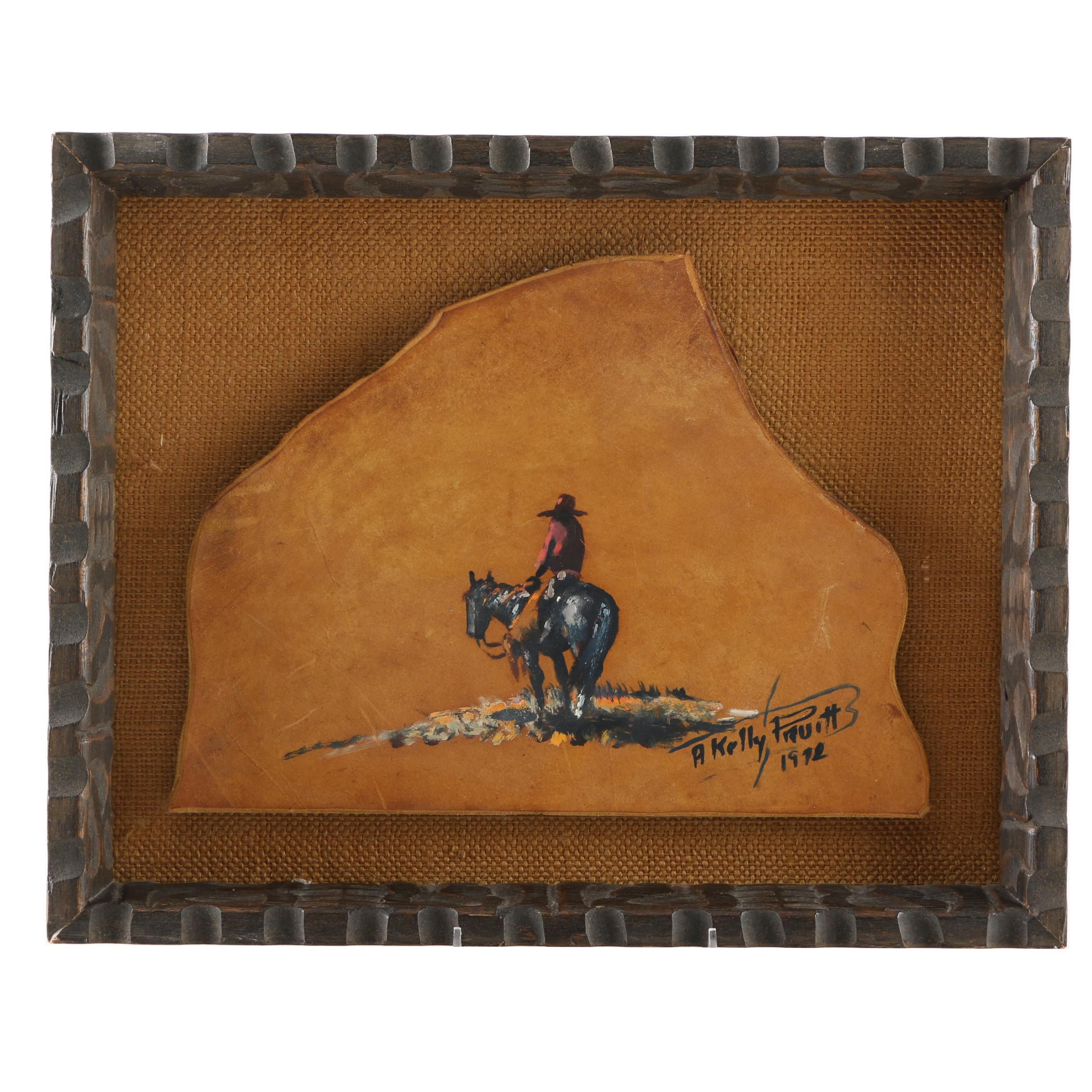 A. Kelly Pruit Oil Painting on Leather of a Cowboy