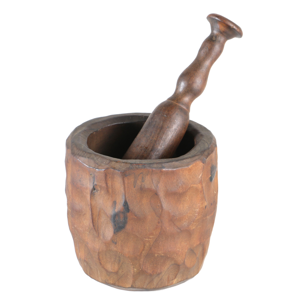 Rustic Artisan Wooden Bowl and Carved Mortar and Pestle