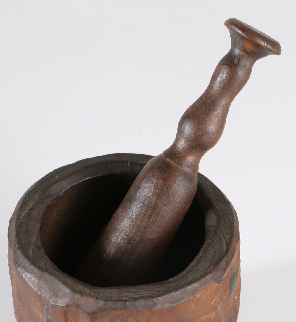 Rustic Artisan Wooden Bowl and Carved Mortar and Pestle