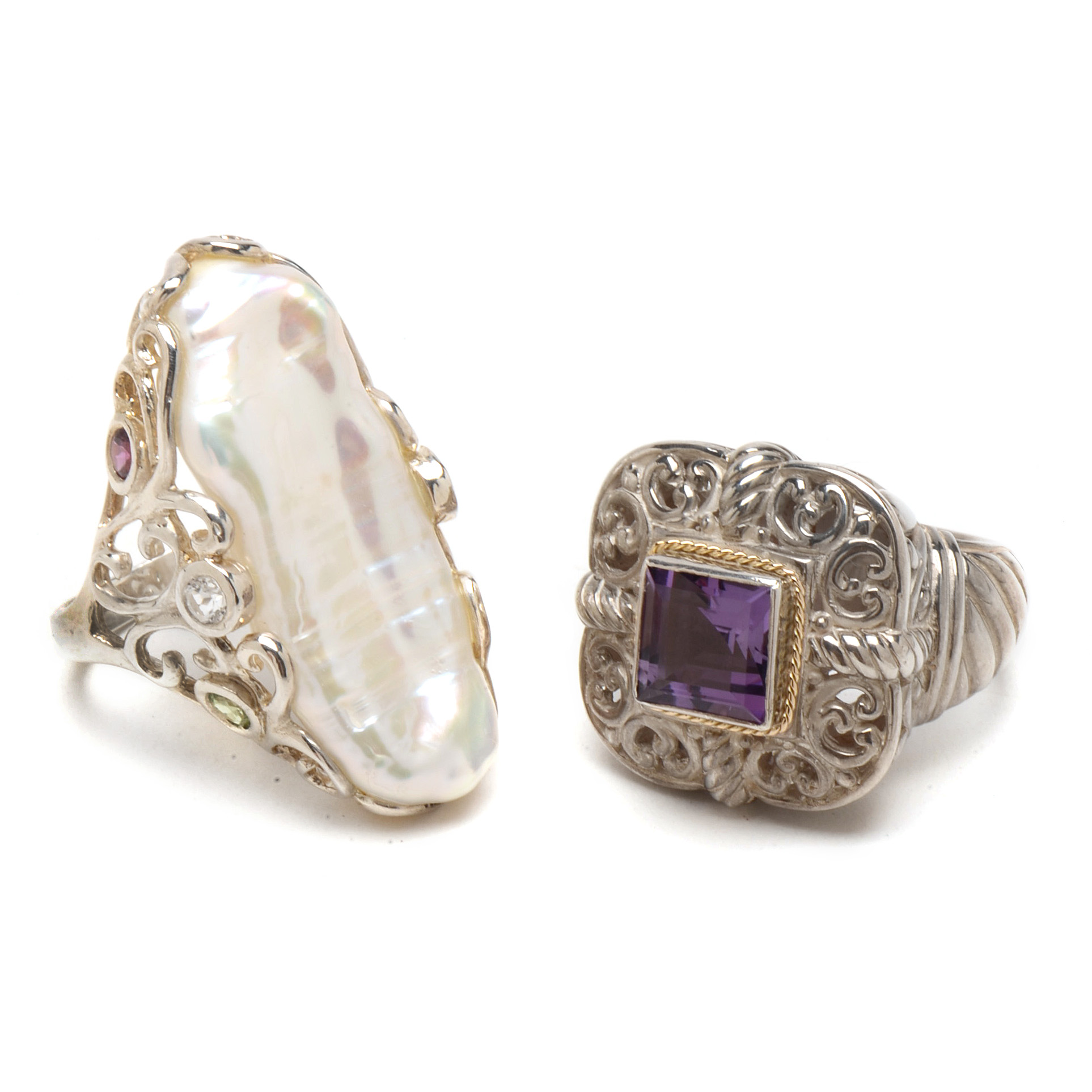 Sterling Silver 18K Amethyst Ring and Sterling Keshi Pearl Ring