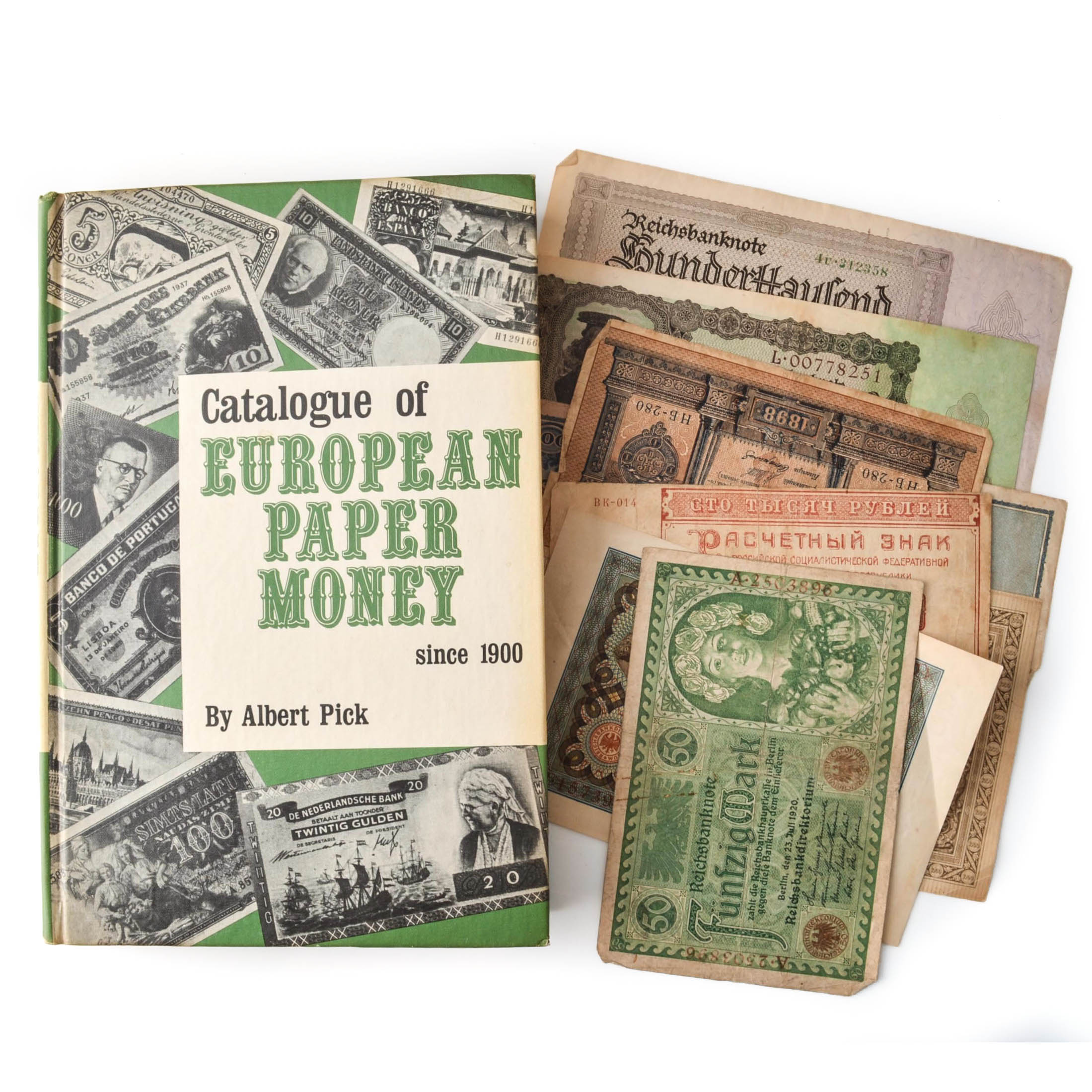 Assorted European Banknotes and "Catalogue of European Paper Money Since 1900" by Albert Pick