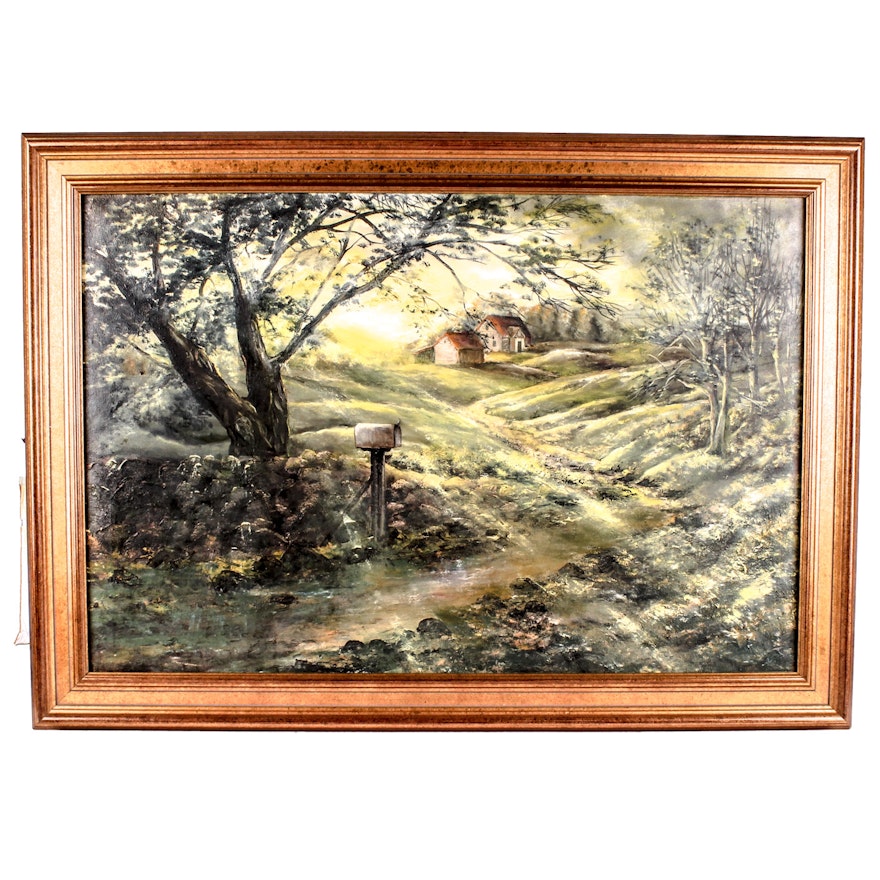 Large Vintage Oil Pastoral Landscape Painting