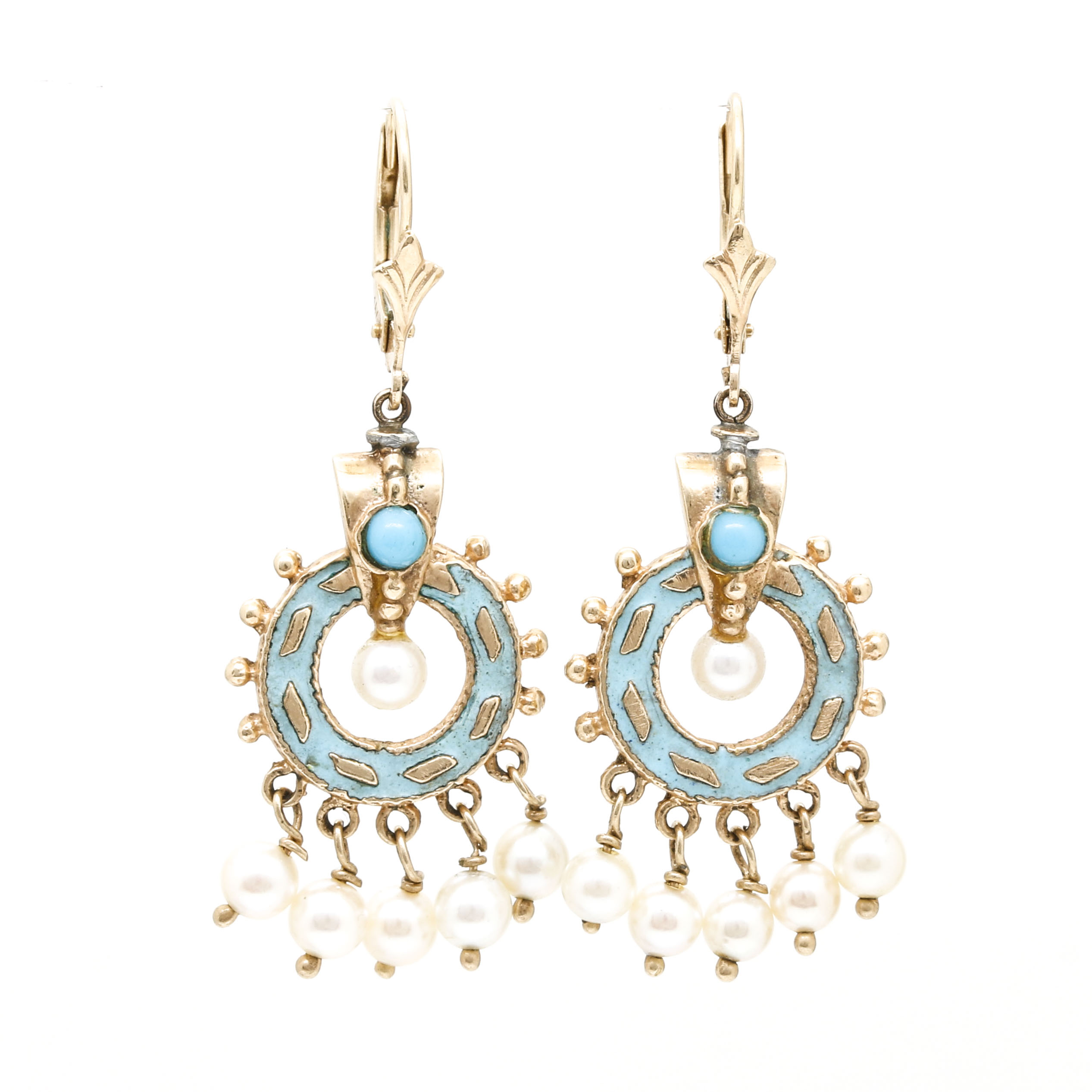 14K Yellow Gold Pearl and Turquoise Glass Earrings