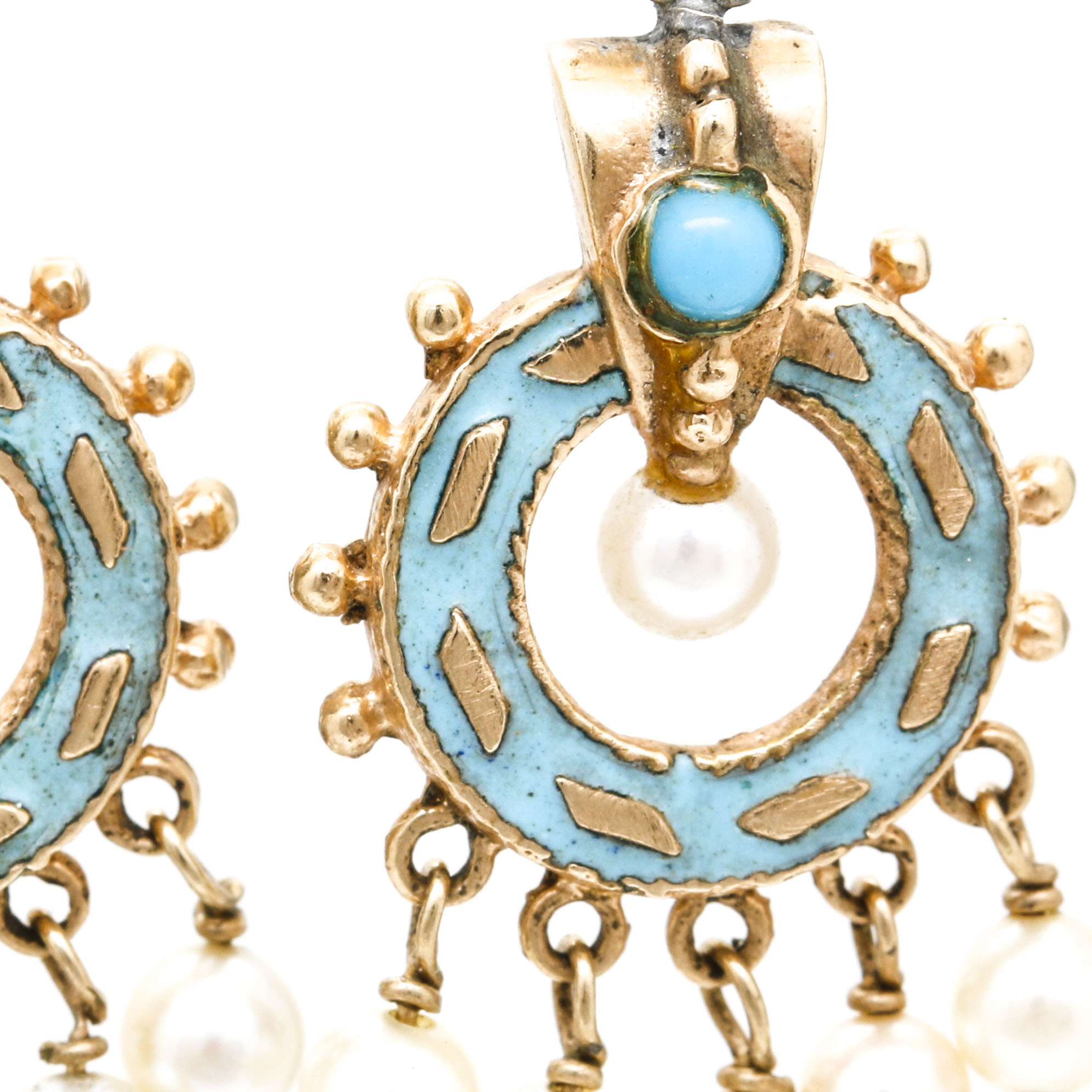 14K Yellow Gold Pearl and Turquoise Glass Earrings