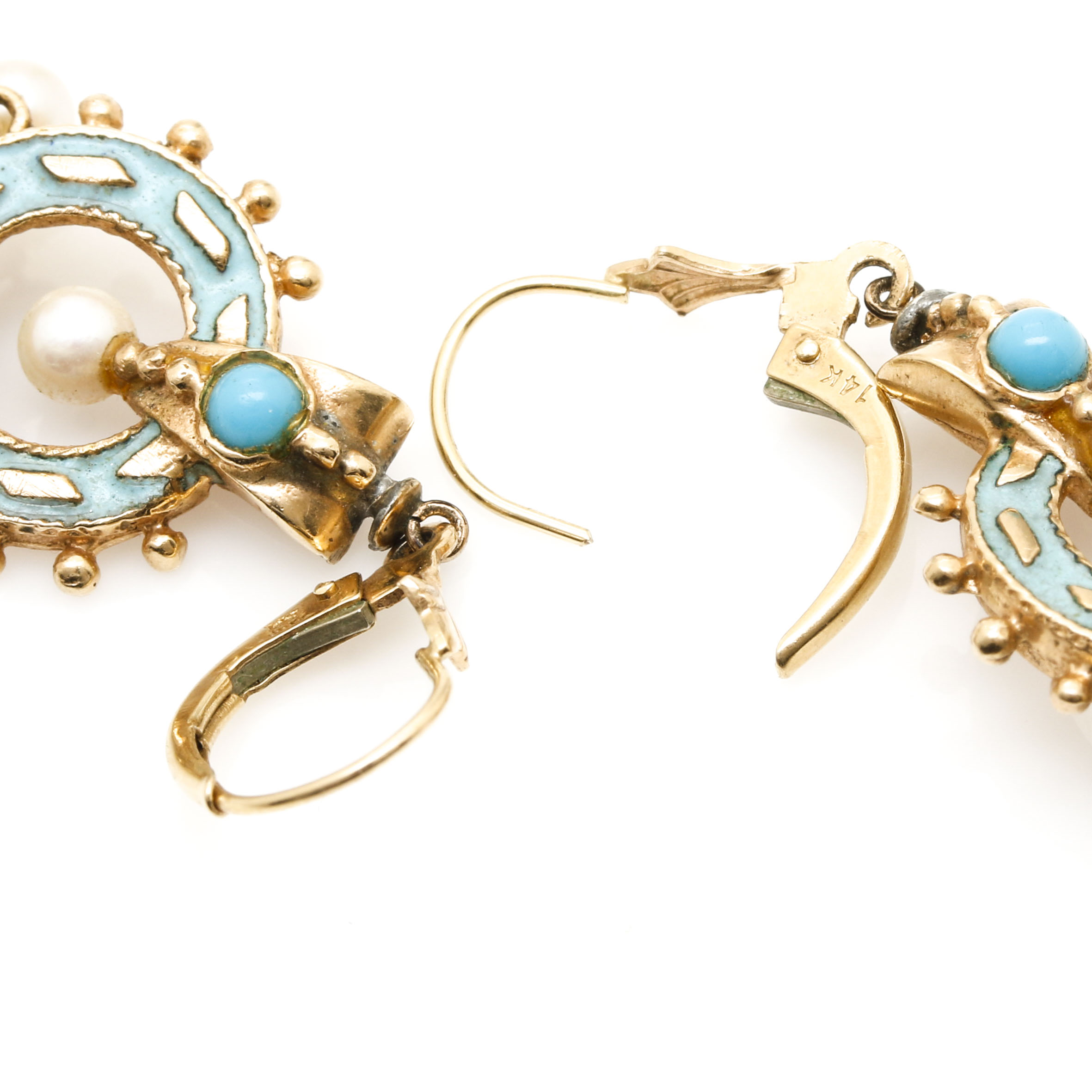 14K Yellow Gold Pearl and Turquoise Glass Earrings