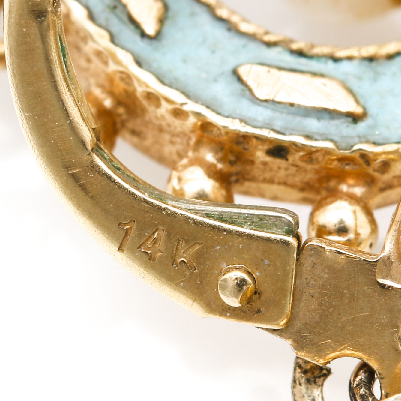 14K Yellow Gold Pearl and Turquoise Glass Earrings