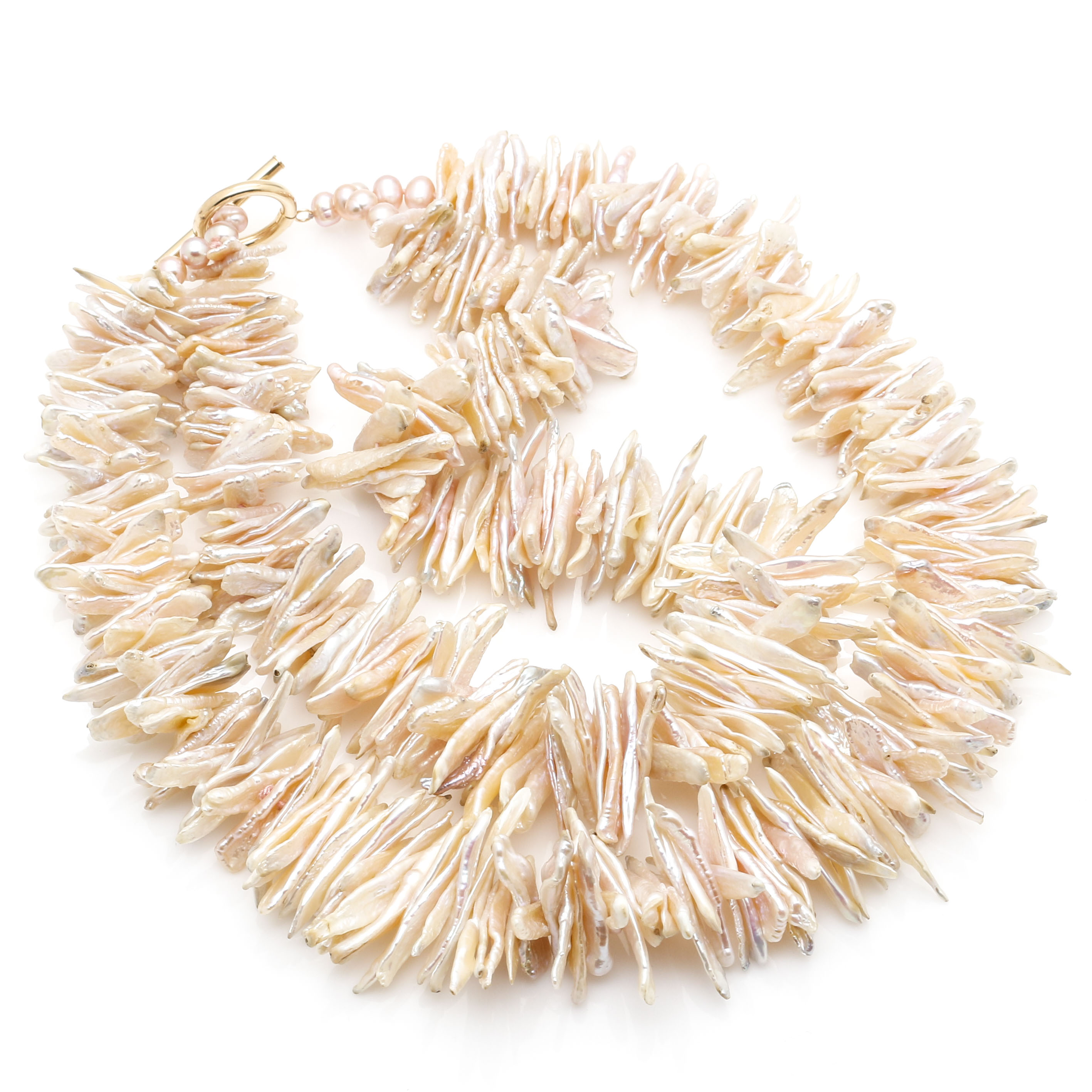 14K Yellow Gold Freshwater Biwa Pearl Strand Necklace