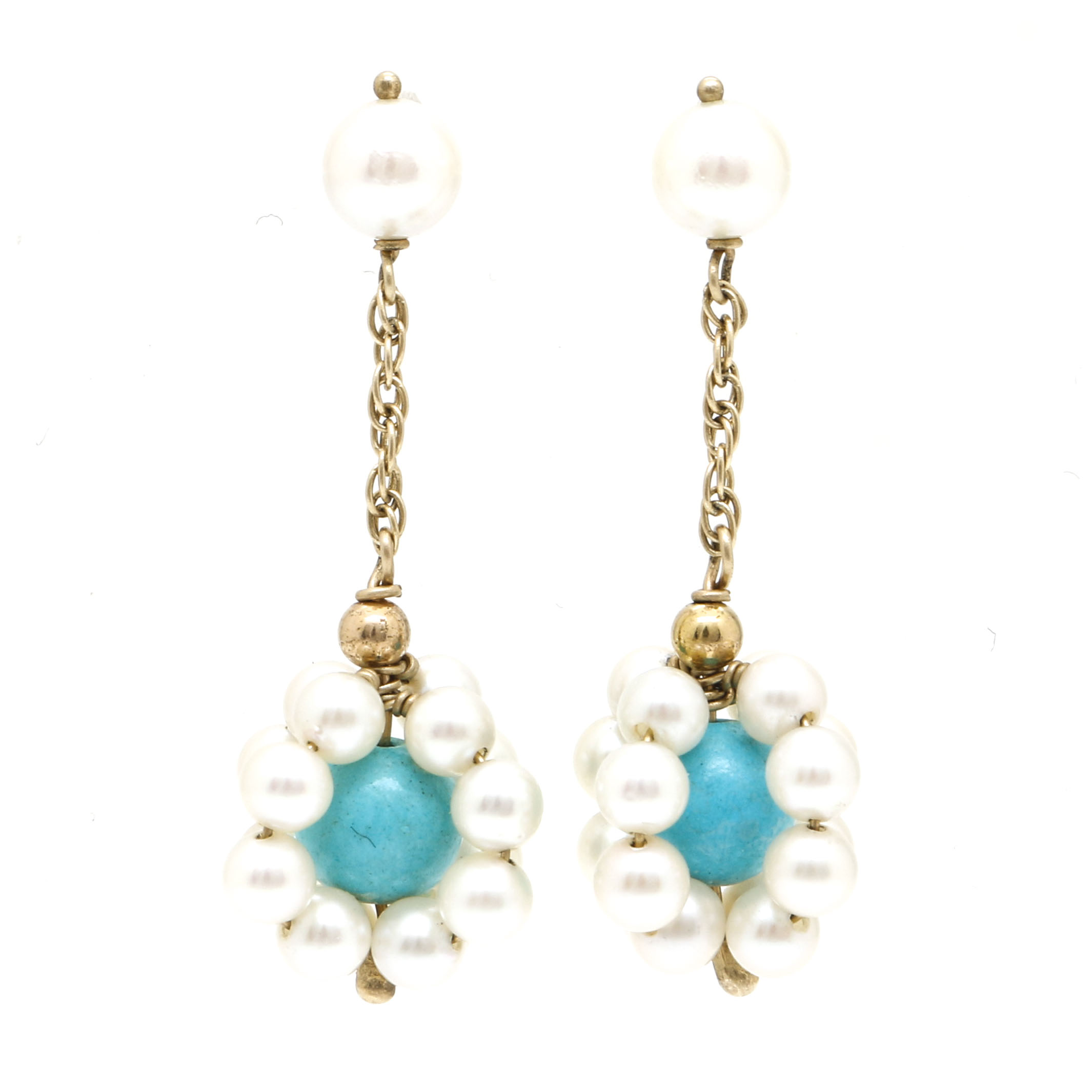 14K Yellow Gold Pearl and Turquoise Dangle Earrings
