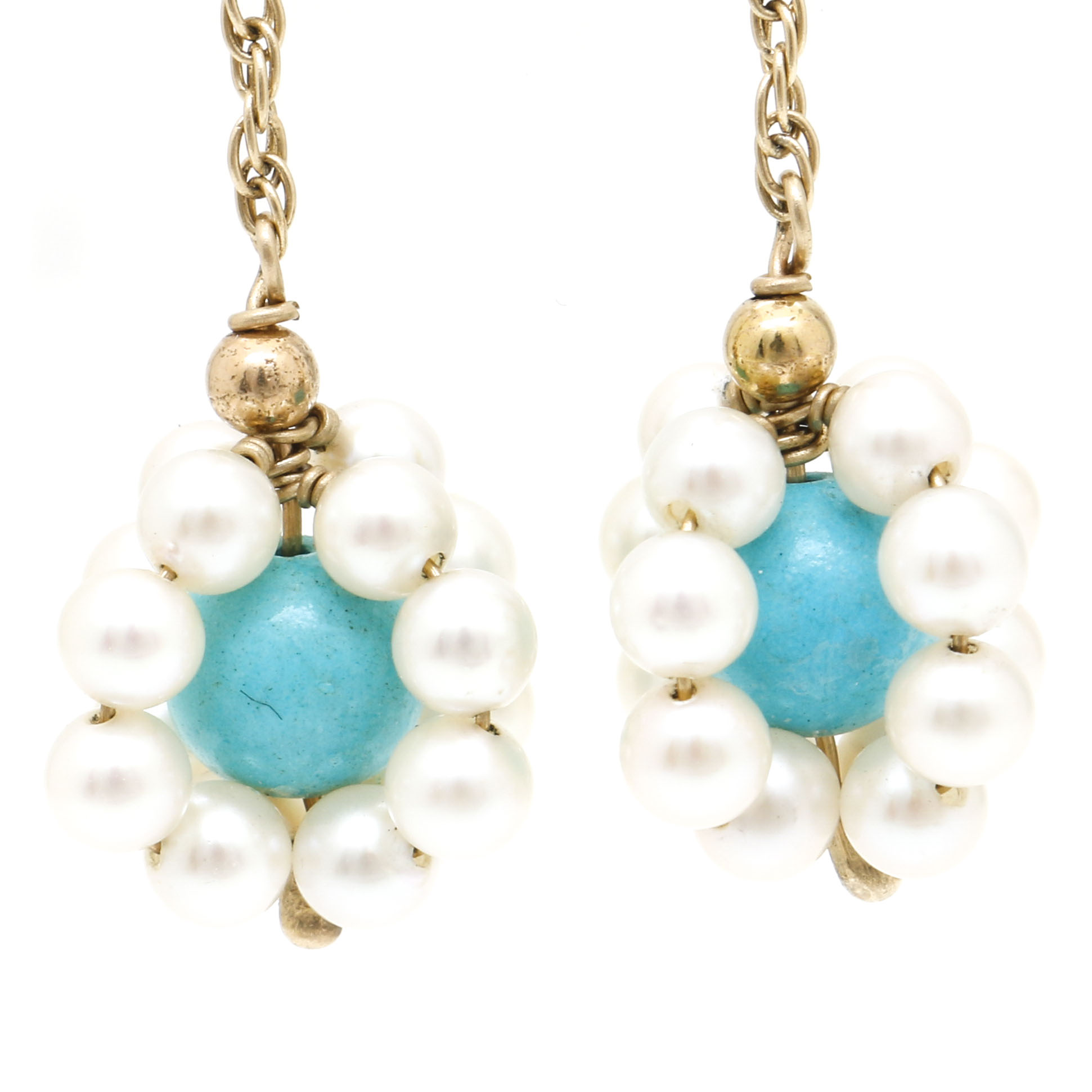 14K Yellow Gold Pearl and Turquoise Dangle Earrings