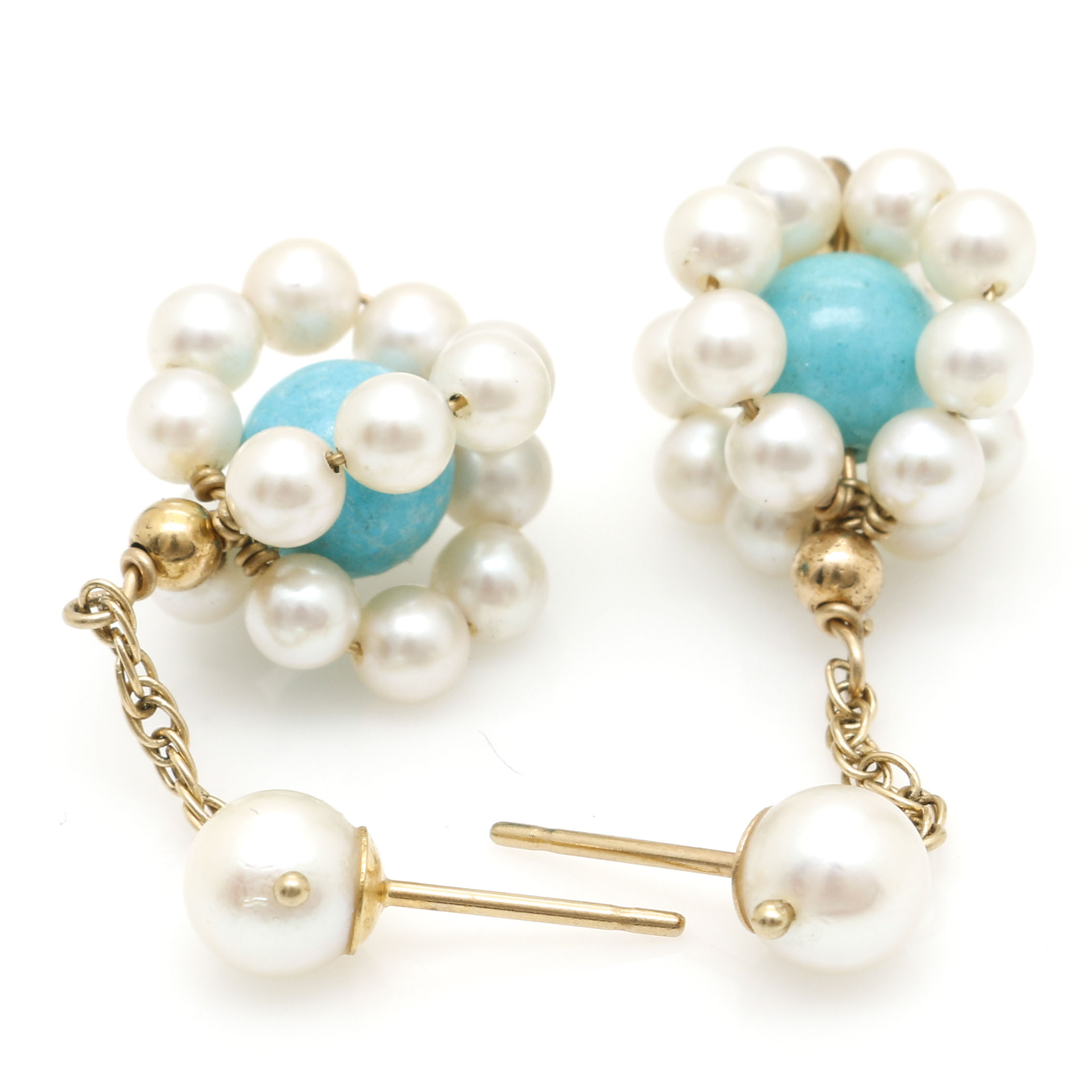14K Yellow Gold Pearl and Turquoise Dangle Earrings