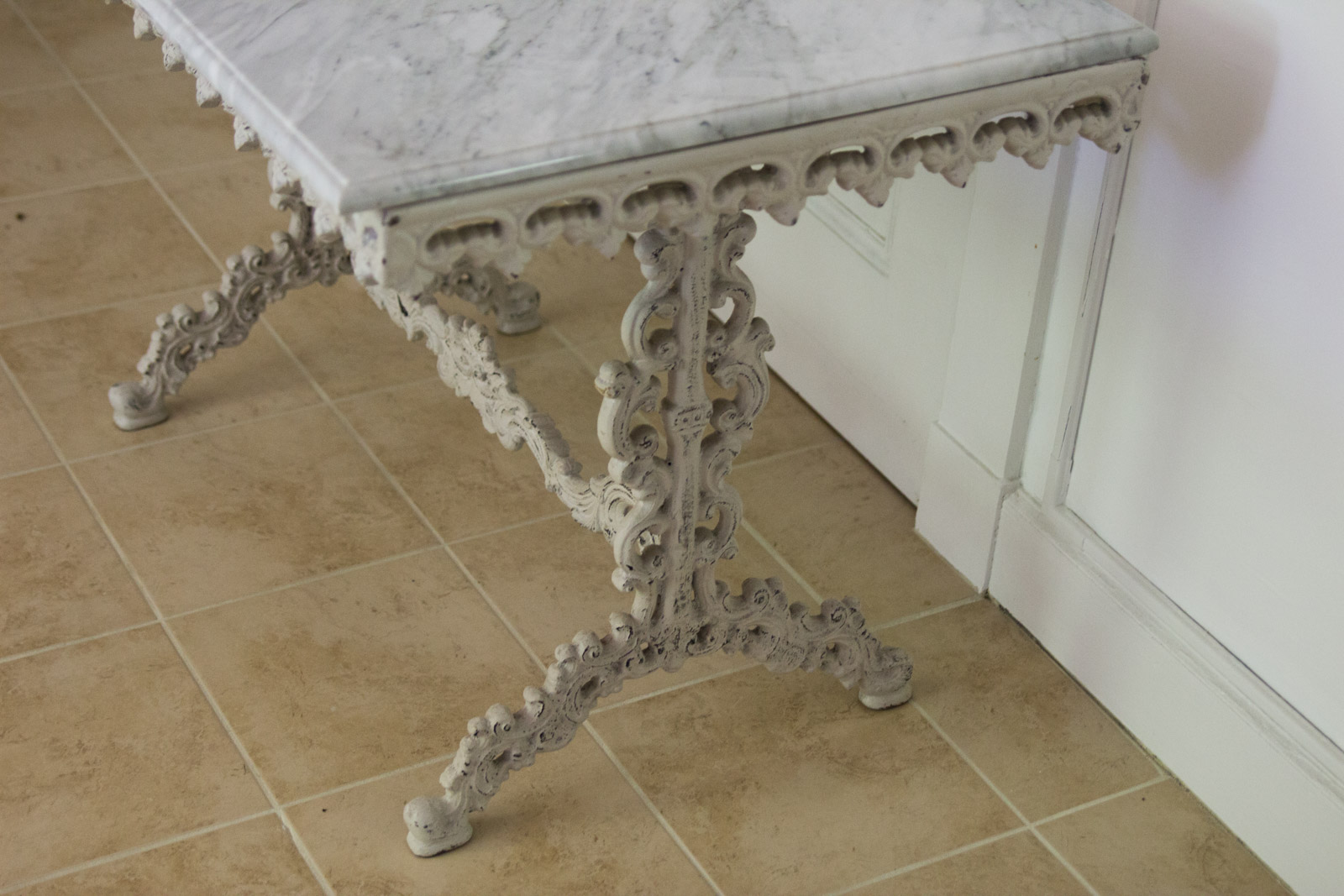 Marble Top Table with Decorative Cast Iron Base