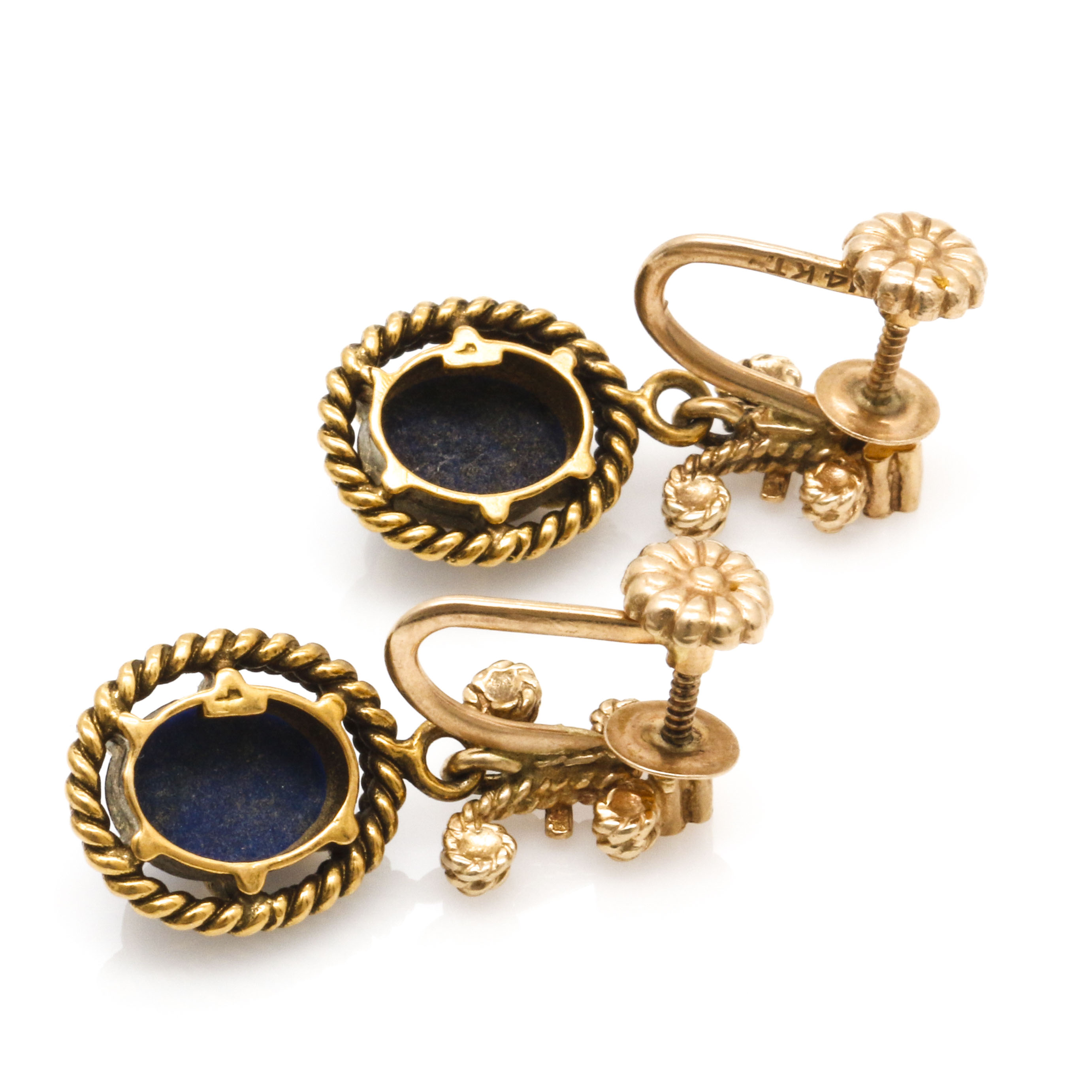 14K Yellow Gold Lapis Dangle Clip-On Earrings